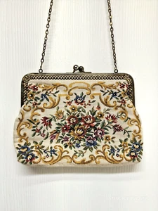 Vintage Floral Tapestry Evening Clutch Bag Women's Kiss Lock Clasp Chain Strap - Picture 1 of 7