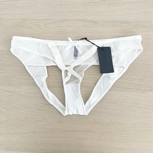 KissKill Brief Size L White Silk Blend Sheer Open-Back Detail Satin Bow New - Picture 1 of 6