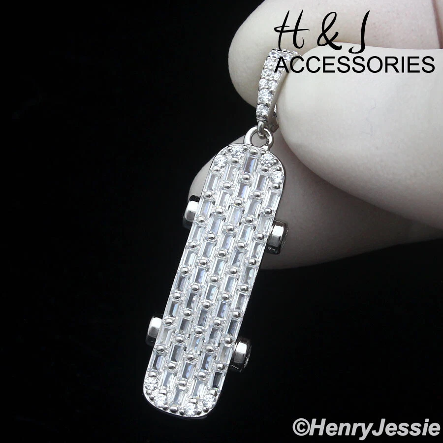 PLATA ESTERLINA 925 BAGUETTE HELADA CIRCONITA CÚBICA CHAPADO EN ORO/PLATA 3D MONOPATÍN COLGANTE*458 Foto 1 de 1