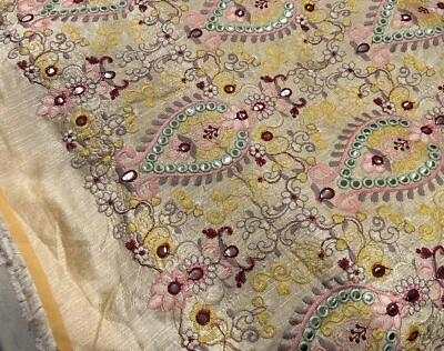 Yellow Gold Multicolor Embroidery Dupioni Fabrics 48” Width Sold By The Yard - Image 1 of 4