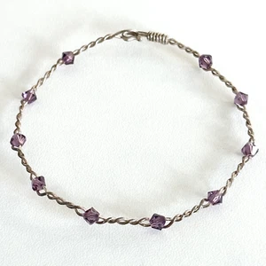 Brazalete de alambre trenzado de cristal púrpura facetado de plata de ley 925 vintage de 6,75" - Imagen 1 de 10