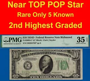 1934D $10 Federal Reserve Note PMG 35EPQ rare 5 known Richmond star Fr 2009-E* - Picture 1 of 4