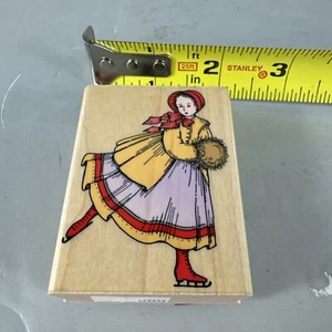 vintage wood mounted rubber stamp (combine Shipping) Ice Skating Girl Victorian - Picture 1 of 3