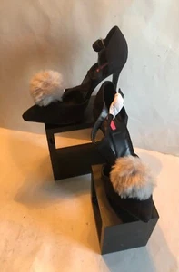 Daisy Street Black Satin stiletto Heels with Gray Pom Pom, US 5/UK 2 - Picture 1 of 11