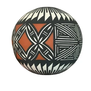 Vintage Acoma Southwest Pottery Seed Pot Vase Geometric Round Black Line Signed - Picture 1 of 10