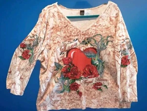 T-shirt BILA-ANGEL HEART LS paillettes uccellini cuori vintage boho biker rock n roll taglia 3X - Foto 1 di 11