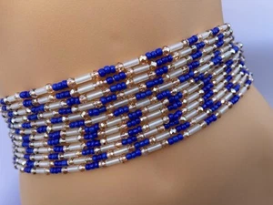 African Tie on Waist Beads Blue + Crystal + Glow Waistline Belly Chain 30"-60" - Picture 1 of 5