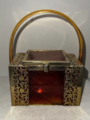 VTG Tyrolean NY 1950s Faux Tortoise Striped Lucite Box Purse w/Brass Filagree - Image 1 of 4