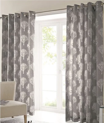 Fusion Woodland Trees Grey Eyelet Curtains  Size 110cm×220cm - Image 1 of 4