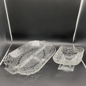 Vintage Indiana Glas Ananas Floral Glas geteilt Tablett & Diamond Point Schüssel - Bild 1 von 10