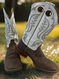 Mens Justin BR305 Brown & White Bison Leather Square Toe Cowboy Boots 9 EE - EUC - Picture 1 of 15