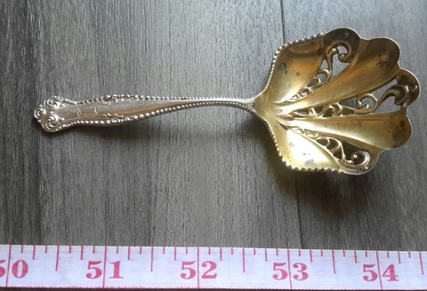 Maier & Berkele Sterling Silver slotted Candy nut spoon 4 1/2 inch monogram Cover