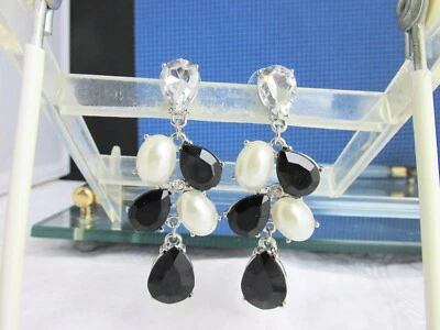 White Faux Pearls Black Crystal 2.5" Chandelier Earrings Posts Hypo Allergenic - Image 1 of 4