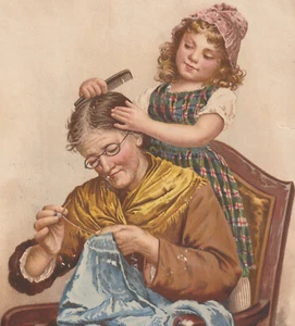 Victorian Chromo Print Girl Combs Hair 'Grandma's Toilet' Gast Art Press 9x6.5 - Bild 1 von 6