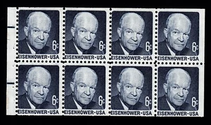 1393A “Eisenhower” 6c Bklt Pane of 8, Lines in Selvage, Shiny Gum, MNH - Picture 1 of 1