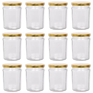 12x 450ml Glass Jam Jars with Gold Lids Chutney Preserve Honey Pickle Storage - Picture 1 of 7