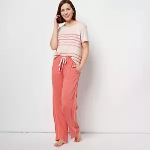 Cuddl Duds Smart Comfort with Slub Stripe Tee and Pant Spiced Coral S A469973 - Picture 1 of 6