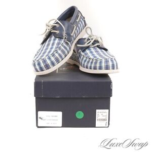 NIB #1 MENSWEAR Brooks Brothers White Blue Madras Boat Moccasin Deck Shoes 9.5