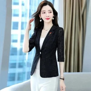 Lady Hollow Suit Jackets Blazer Coat 3/4 Sleeve One Button Slim Fit Formal Tops - Picture 1 of 7