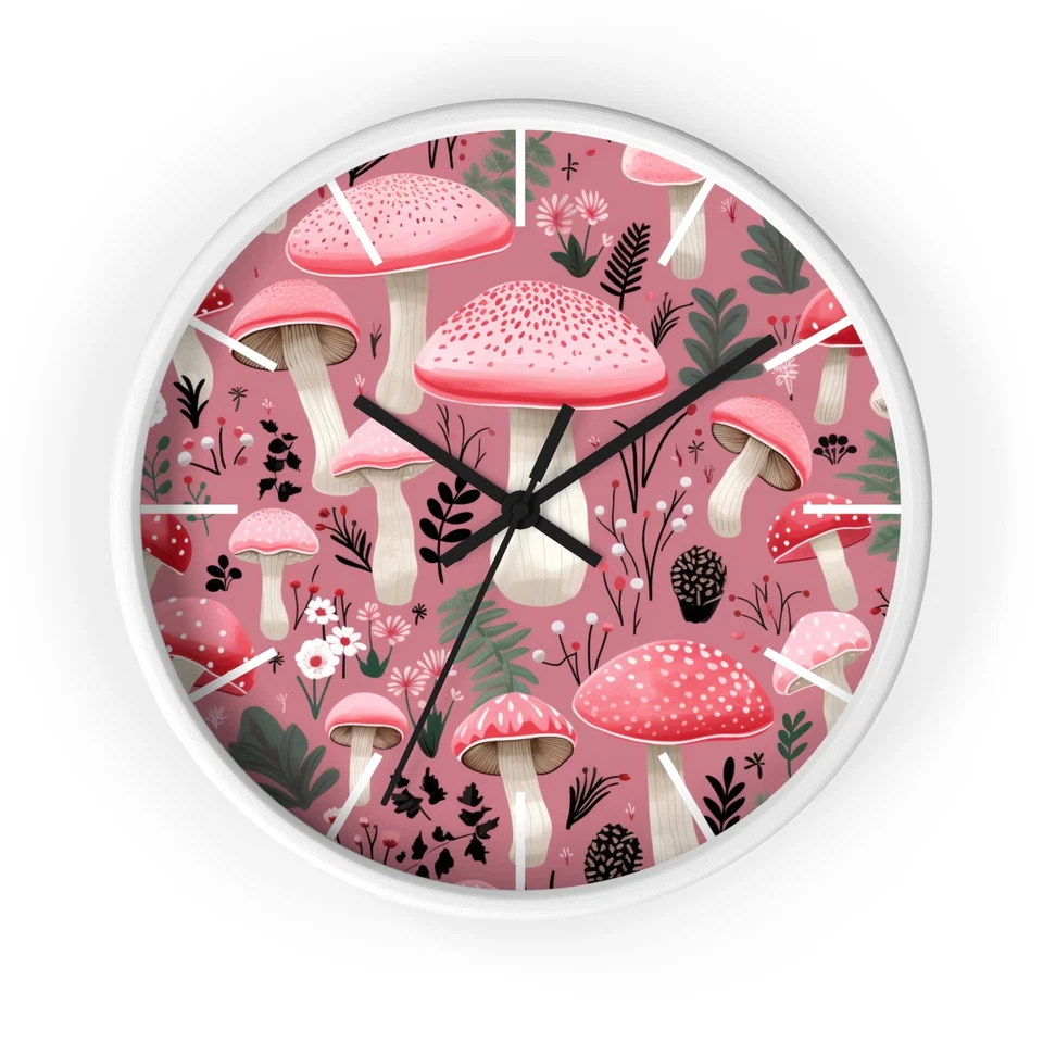 Pink Mushrooms Wall Clock | Cute Mushroom Decor - Image 1 of 1
