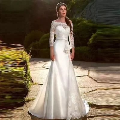 Elegant A-Line Wedding Dresses Boat Neck Cap Sleeves Satin Applique Bridal Gowns - Image 1 of 4