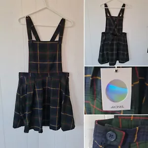Monki Pleated Mini Checked Dungaree Dress in Green & Navy Size (44) UK 16 New - Picture 1 of 11
