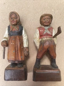 VTG Pair of Hand Carved German/Italy Wooden Fig. Peasant Man & Woman Details! - Picture 1 of 11