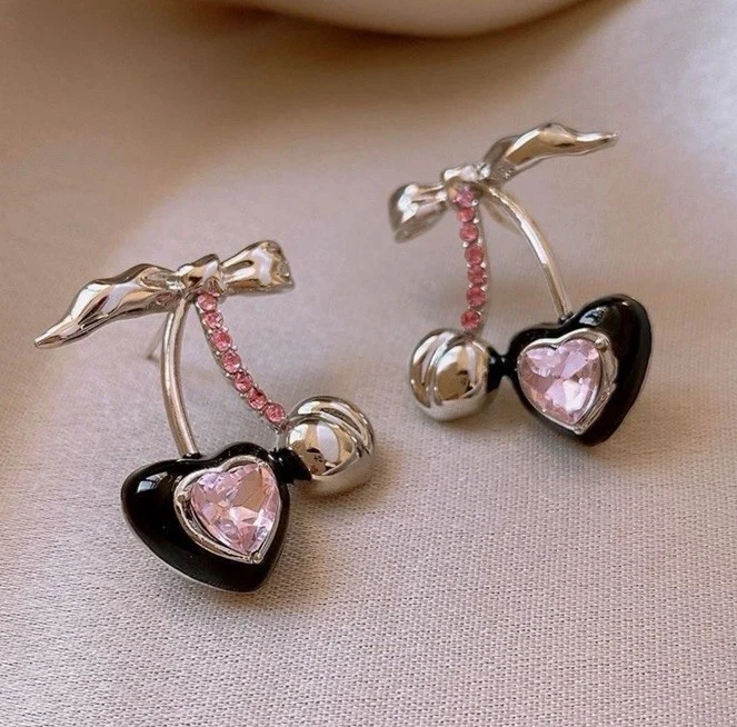 Lindos Pendientes Corazón y Cereza Circón Rosa Foto 1 de 4