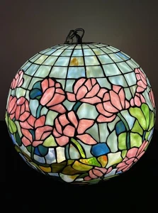 Vintage Tiffany Style Pendant Light 15.5” Stained Glass Sphere Globe Pink Floral - Picture 1 of 15