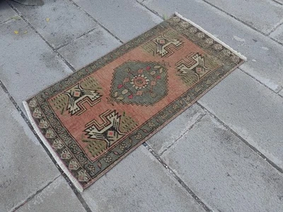 Vintage Turkish Oushak Rug 3.3x1.7 ft | Handwoven Wool Small Area Mat - Image 1 of 4