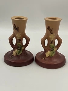 Vintage ROSEVILLE POTTERY (1CS2) SNOWBERRY CANDLESTICK CANDLE HOLDERS, 5" TALL - Picture 1 of 10