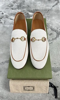 Auténtico Mocasín Gucci Jordaan Dorado Horsebit Crema Lona Para Hombres US10 EU43.5UK9.5 Foto 1 de 4