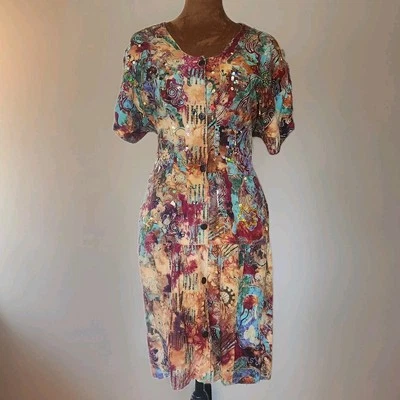 Vestido Vintage Hecho a Mano Batik Lentejuelas Cuentas Talla XS Abotonado Manga Corta Foto 1 de 4