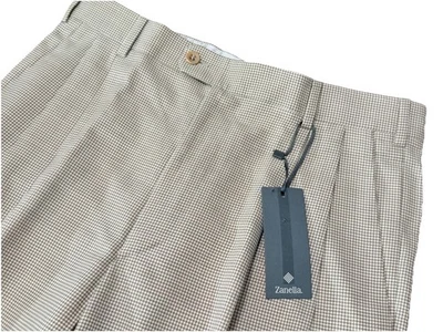 NWT Zanella Bennett Pleated 100% Virgin Wool Tan Houndstooth Pants Size 32 NEW - Image 1 of 4