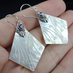 925 Sterling Silver Mother of Pearl & Zircon Earrings Jewellery, MOPE-114 - Picture 1 of 6
