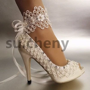 su.cheny Open toe 3" 4" heel satin white ivory lace anklet Wedding Bridal shoes - Picture 1 of 11