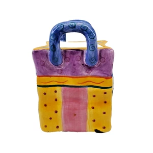 Milson & Louis handbemalte Keramik Tasche Vase Übertopf geometrisches Dekor bunt - Bild 1 von 14