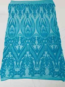 Sequins Fabric - Turquoise - 4 Way Stretch Fancy Big Damask Design Sold By Yard - Picture 1 of 3