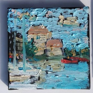 Original Oil Painting – Impressionist Harbor Scene – Small Canvas 12x12 cm – Wal - Picture 1 of 4