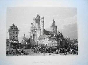 Mercado de la catedral del Rin de Maguncia hermoso grabado en acero antiguo real raro 1844 RRR - Imagen 1 de 1