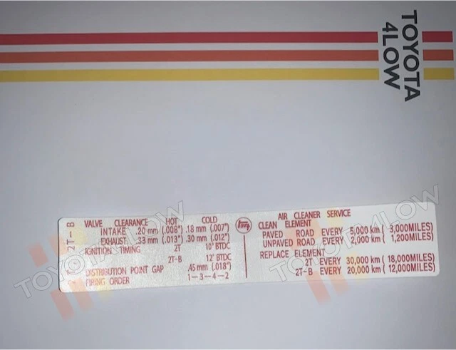 1974-1978 Toyota Corolla / Carina Valve Clearance and Air Cleaner Service Decal Foto 1 de 1