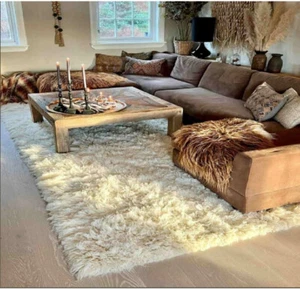 CLASSIC GREEK FLOKATI RUGS. LONG 3” SHAGGY PILE-STYLISH OFF WHITE WOOL AREA RUG - Picture 1 of 17
