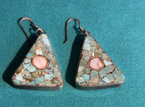 MARY CORIZ LOVATO SANTO DOMINGO REVERSIBLE MOSAIC TURQUOISE LAPIS EARRINGS MC - Picture 1 of 6