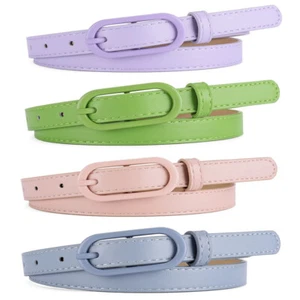 Women Oval Alloy Buckle Skinny Waist Belt Faux Leather Narrow Slim Waistband - Picture 1 of 9