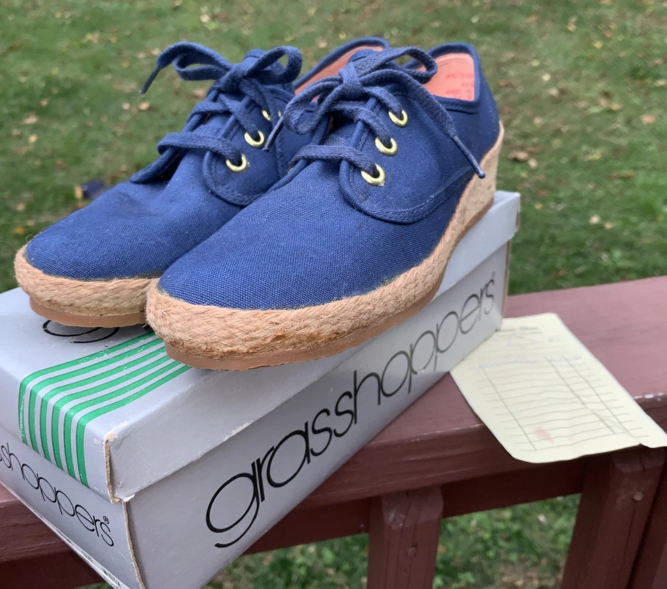 Grasshoppers Aegan Zapatos Corbata Alpargatas Lona Cuña 8 1/2 M De Colección Azul Marino Foto 1 de 4
