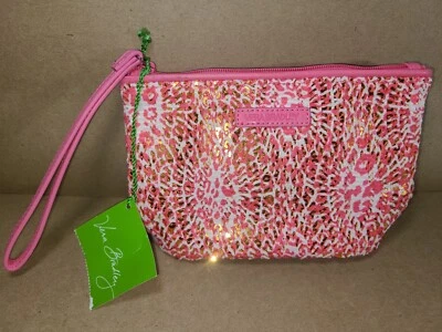 NEW Small VERA BRADLEY Mesh Sequin Camocat Pink Leopard Wristlet Clutch Purse - Image 1 of 4