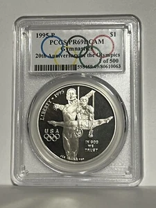 1995 Gymnastics Olympic $1 Silver Commemorative PR69 Spl Lbl 1 of 500 PCGS - Picture 1 of 2