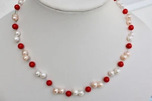 N691 Zucht Süßwasser Perlen Schmuck Halskette Perlenkette Collier Koralle  mnk - Bild 1 von 1