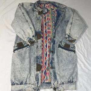 Be in the Current Seen Coat Adult Small Denim Acid Wash Vintage 80s Lined Tribal - Picture 1 of 15