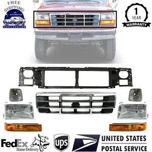 Front Header Panel + Grille + Head Lights Kit For 1992-1997 Ford F150 F250 F350 - Picture 1 of 13